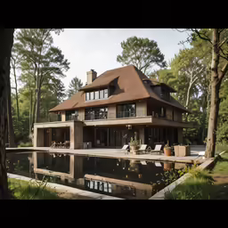 large house sitting on the bank of a lake surrounded by trees