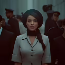a woman in white coat and black hat standing with other uniformed people