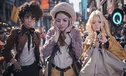 three girls dressed in old school fashion walk down the street