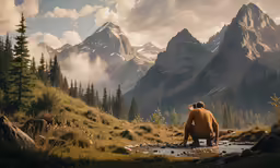 a man sits on a hill overlooking mountains and a river