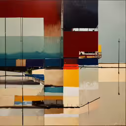 abstract painting depicting different colors and architecture,multiple images showing different colors of buildings