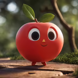 an apple with eyes and hands is on the ground