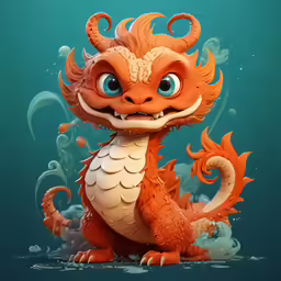 a red, stylized image of a smiling dragon with large eyes