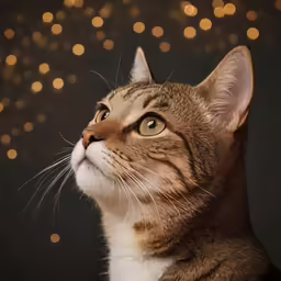 a small cat with brown eyes stares up at the camera