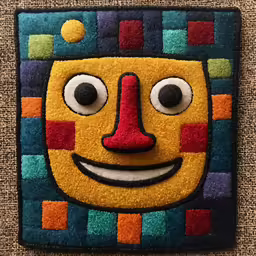 a patched up, felt sculpture of a face made from squares