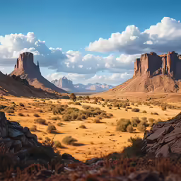 the desert landscape shows a rocky cliff, mountains and scrub trees