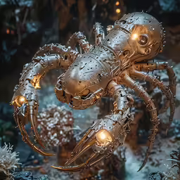 a mechanical octopus statue in the middle of a cave