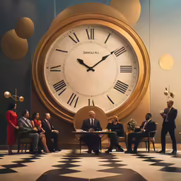 people sitting in front of a huge clock with different time zones
