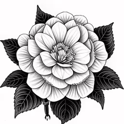 a flower with black leaves is shown,a drawing of a large flower with leaves