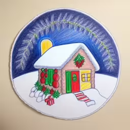 a small snow - covered house painted on a plate with a snowman,a drawing of a house decorated with christmas decorations,this is an artistic picture of a christmas home,a blue plate with a christmas decoration painted on it,there is a paper plate with a house on it
