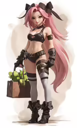 a woman with pink hair and an outfit