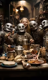 three people wearing weird looking outfits are cooking in the kitchen
