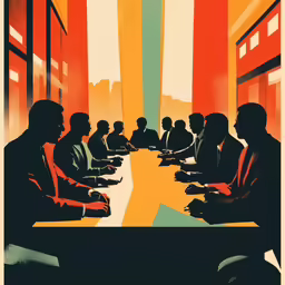 several people sit at a long table
