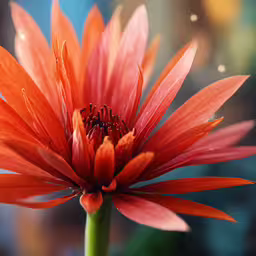 the center flower is orange, but it does have water drops on it,an orange flower with a small water droplets in it