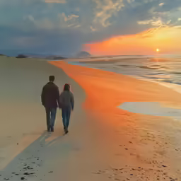 a couple walks hand in hand along a sandy beach with a bright orange sunset