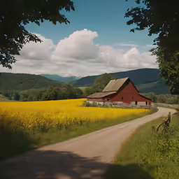 red barn in field with pathway and cloudy sky