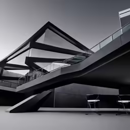 some chairs are next to an overhanging stairwell