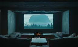 the scene is dimly lit and looking out the window