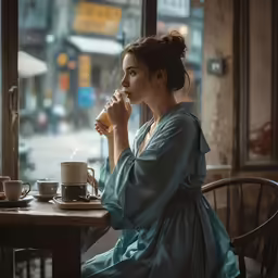 a woman sitting in front of a window drinking from a cup