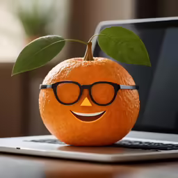 an orange wearing glasses sitting in front of a laptop