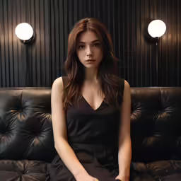 a girl sitting on a black leather couch