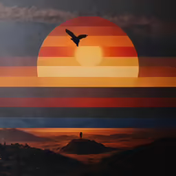 a painting of a person on a mountain watching the sun