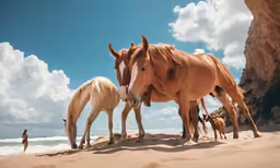 three brown and white horses standing on the beach