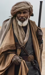 an old man dressed in brown and wearing a long scarf