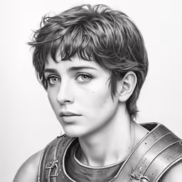 a black and white photo of a person wearing armor