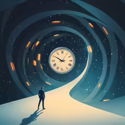 a man standing in front of a clock in an abstract space