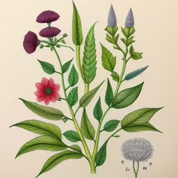 a drawing of various flowers and foliage,a drawing of two different types of flowers