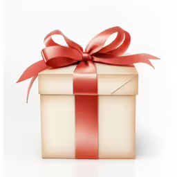 the gift box has a red ribbon on it