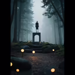 a girl standing on top of an outdoor stone bench in the forest