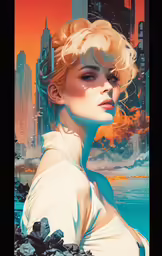 an advertisement with a blonde female in white top