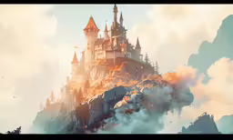 an animated castle atop a mountain with trees and birds