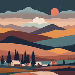 the view from a hill that has houses in it,a painting of a country landscape with hills