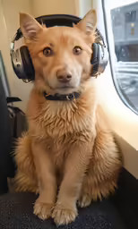 a close up of a dog wearing head phones