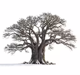 the bare tree in front of the snow covered ground