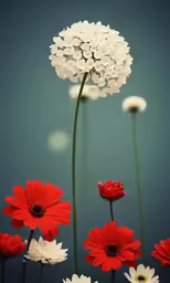 three red and white flowers blooming from the center of one flower