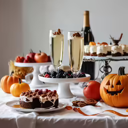 a table topped with cake, fruit and glasses of champagne