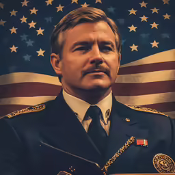 the image shows a man in a uniform and a flag