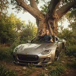 the man is driving his silver sports car
