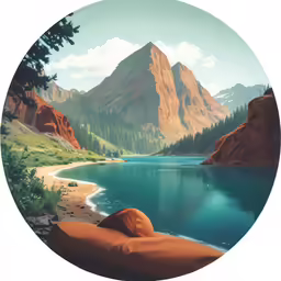 a painting of mountains and a lake with trees