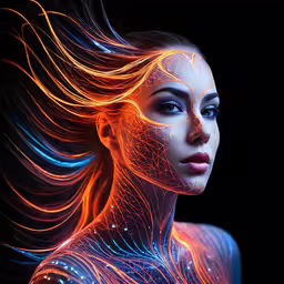 a woman in white and neon colors on her body