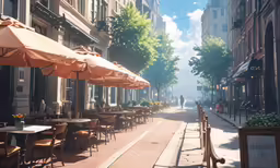 an empty street with lots of tables and chairs