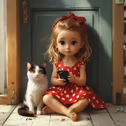 a little girl sitting in front of a door next to a cat