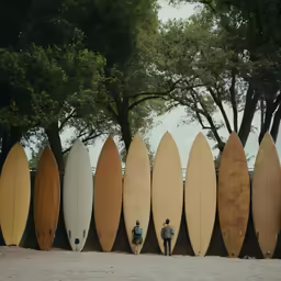 surfboard lined up against the wall at a beach