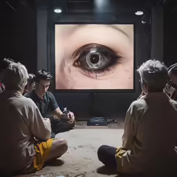 a group of people watching an eye in front of a projection screen