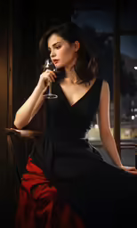a beautiful young woman in a black dress drinking wine