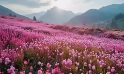 bright purple flowers cover a rolling hill in the mountains